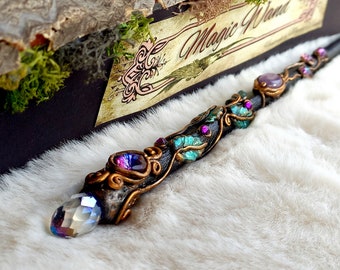 Magic Wand with Stars, Wood Stick, Amethyst Crystal, Handmade