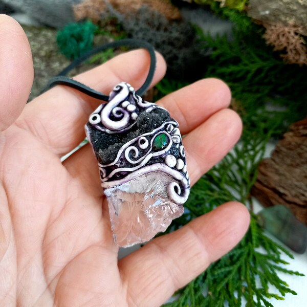 Necklace Azeztulite Crystal, Amethyst Cluster, Gifts for Her, High Vibrant Stone, One Of A Kind Jewelry