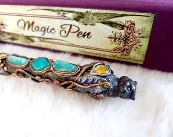 Magic Wand Pen with Cat, Polymer Clay Pen, Yooperlite Gemstone, Witchy Pen