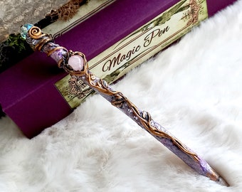 Stylo magique féerique en quartz rose, pouvoir magique et attractif, pour les sorts des sorciers