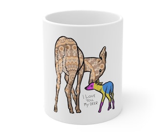 Pansexual Pride Flag Mug [Mandala Deer with Pansexual Flag on a white ceramic mug with a handle]