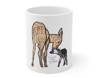 Asexuell Pride-flagga-mugg [Mandala-hjort med Ess-pride-flagga på en vit keramikmugg med handtag]
