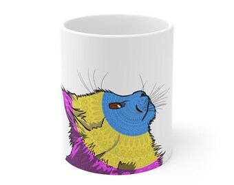 Pansexuell Pride-mugg [Mandala-katt med Pride-flagga på en vit keramikmugg med handtag]