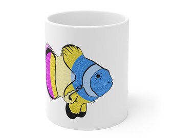 Pansexual Pride Flag Mug [Mandala Fish with Pansexual Flag on a white ceramic mug with a handle]
