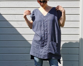 Oversized linen tunic Top elegant Linen tunic with front pockets Plus size tunic Long-Back tunic