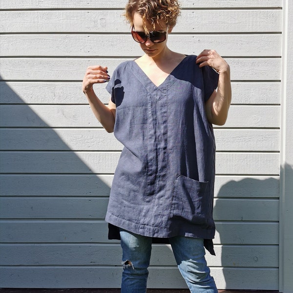 Oversized linen tunic Top elegant Linen tunic with front pockets Plus size tunic Long-Back tunic