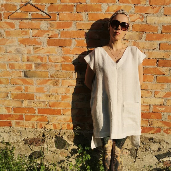 Linen tunic for women V neck linen tunic Loose linen tunic Long-Back Tunic with pocket White tunic READY TO SHIP