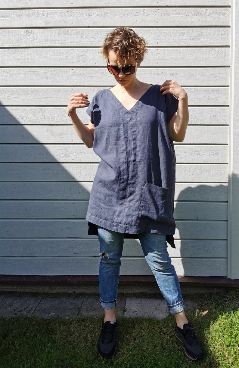 Oversized linen tunic Top elegant Linen tunic with front pockets Plus size tunic Long-Back tunic image 1