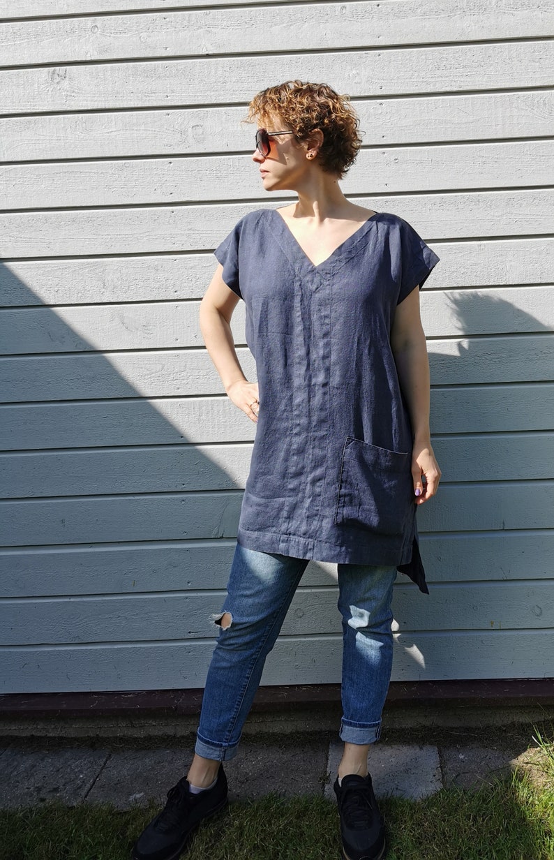 Oversized linen tunic Top elegant Linen tunic with front pockets Plus size tunic Long-Back tunic image 2