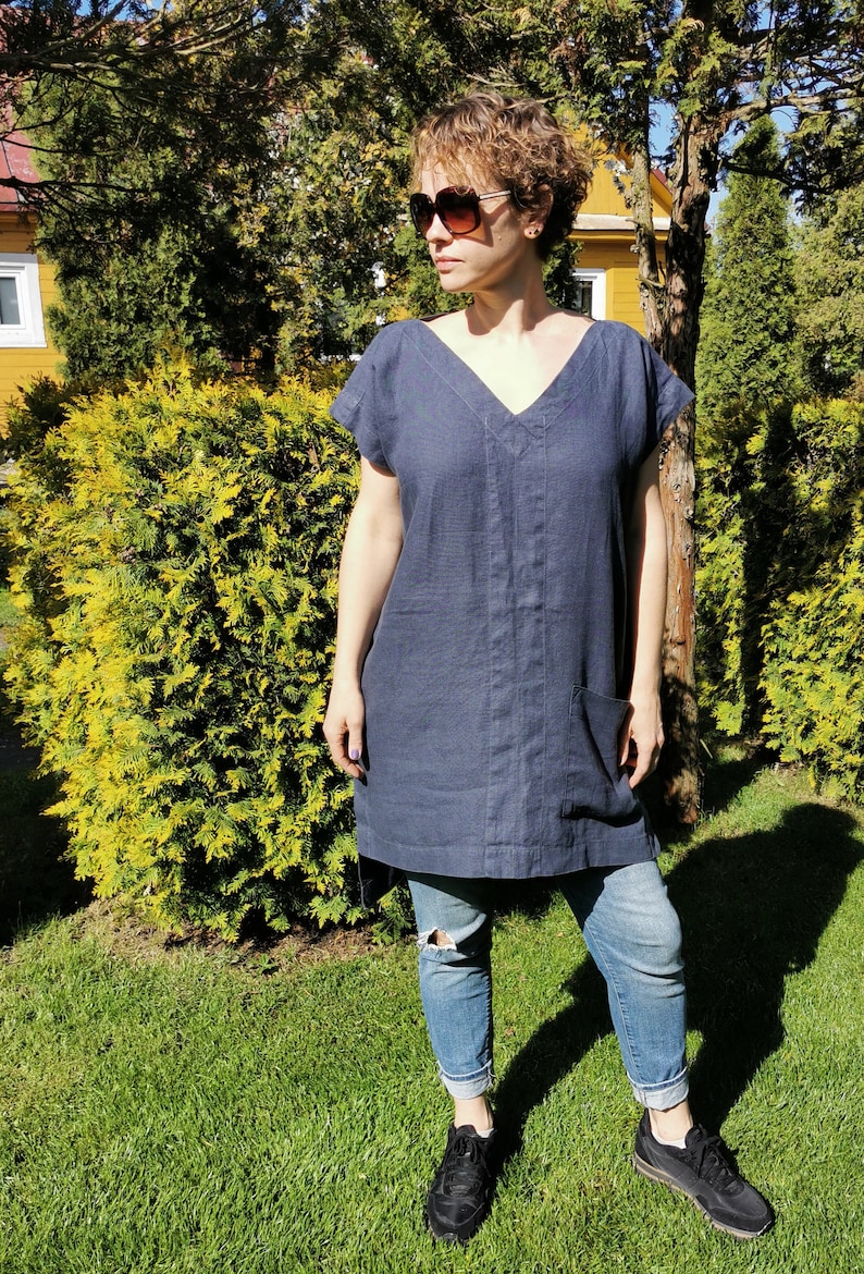 Oversized linen tunic Top elegant Linen tunic with front pockets Plus size tunic Long-Back tunic image 5