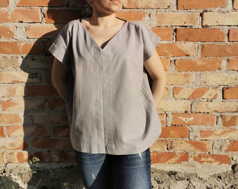 Linen short sleeve V-neck top Grey linen top Linen tee READY TO SHIP