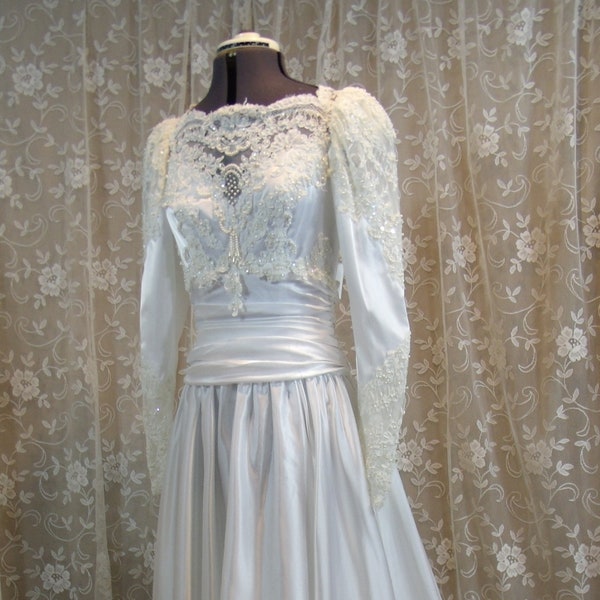 Vintage White Satin Gown with Alencon Lace, Size 10, Victorian, Steampunk