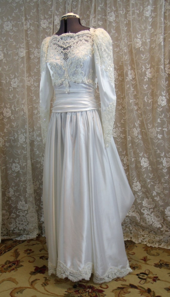 Vintage White Satin Gown with Alencon Lace, Size 1