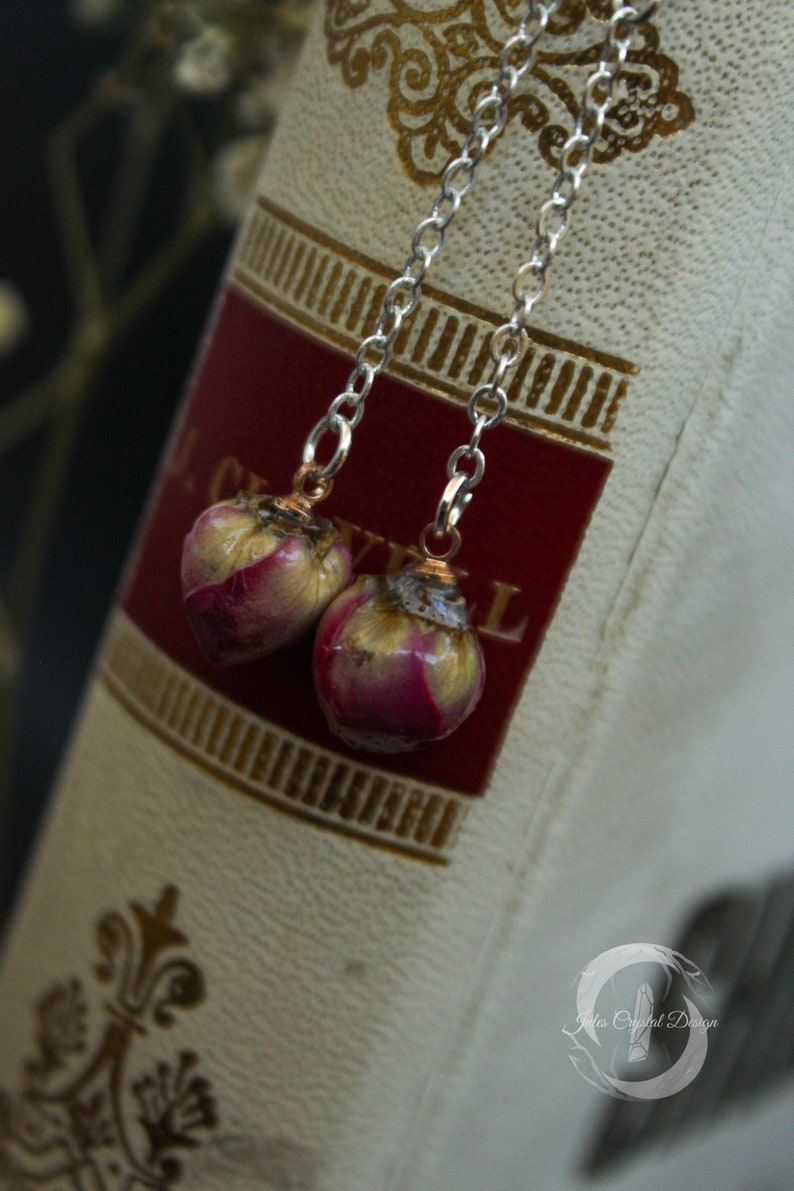 Natural Rose Bud 925 Silver Drop Long Earrings Resin Sphere Natural Flower Dried