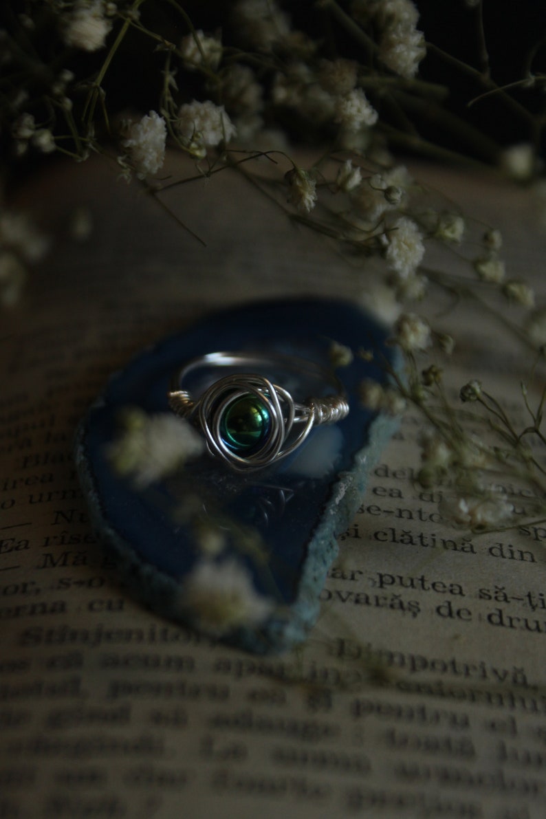 Hematite Ring Crystal Bead Handmade Wire Wrapped Silver Plated Color Changing Holographic Effect