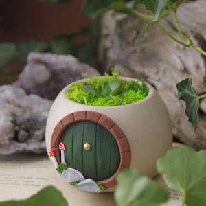 May include: A round, beige ceramic planter featuring a circular green door with a brown frame and a small gold knob. Two tiny red-and-white mushrooms and grey stones are attached to the base of the door. The planter is filled with bright green moss.