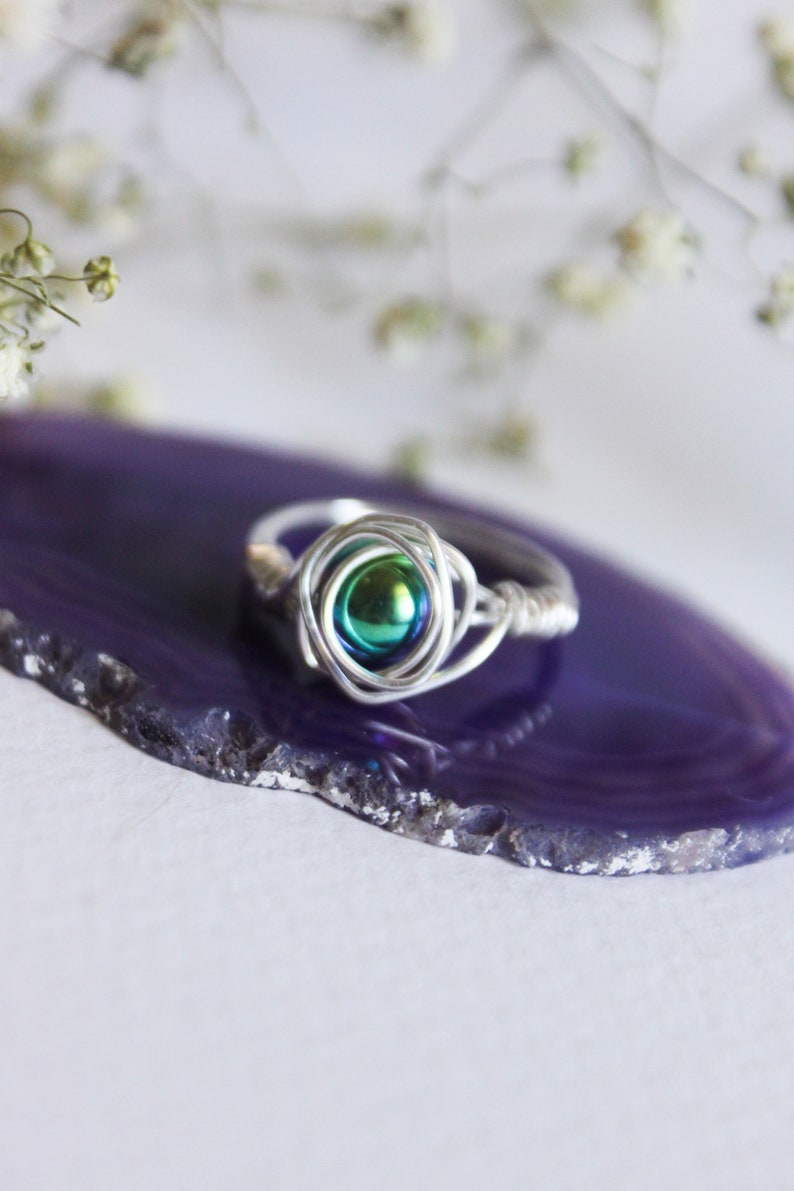 Hematite Ring Crystal Bead Handmade Wire Wrapped Silver Plated Color Changing Holographic Effect