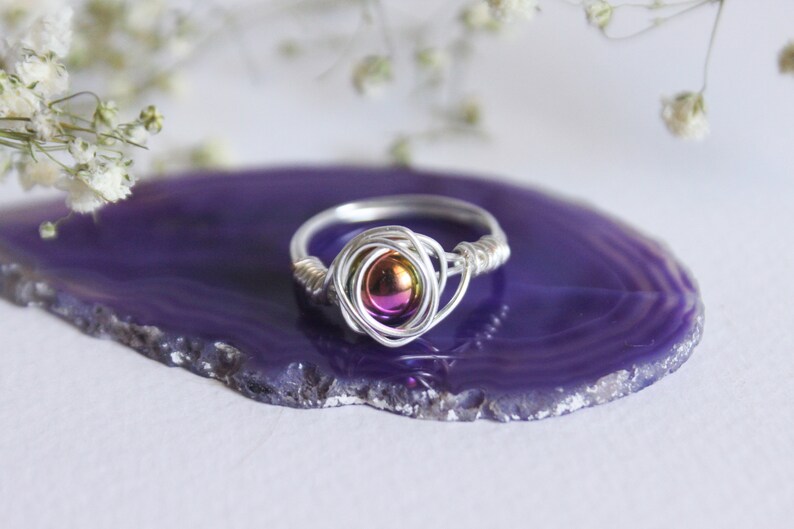 Hematite Ring Crystal Bead Handmade Wire Wrapped Silver Plated Color Changing Holographic Effect
