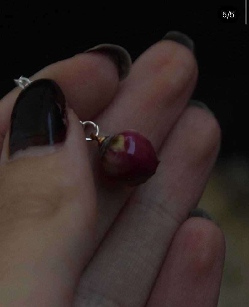 Natural Rose Bud 925 Silver Drop Long Earrings Resin Sphere Natural Flower Dried