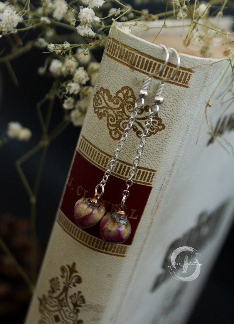 Natural Rose Bud 925 Silver Drop Long Earrings Resin Sphere Natural Flower Dried