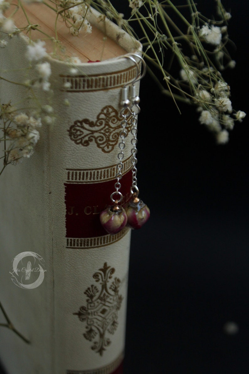 Natural Rose Bud 925 Silver Drop Long Earrings Resin Sphere Natural Flower Dried