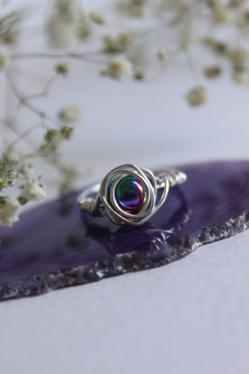 Hematite Ring Crystal Bead Handmade Wire Wrapped Silver Plated Color Changing Holographic Effect