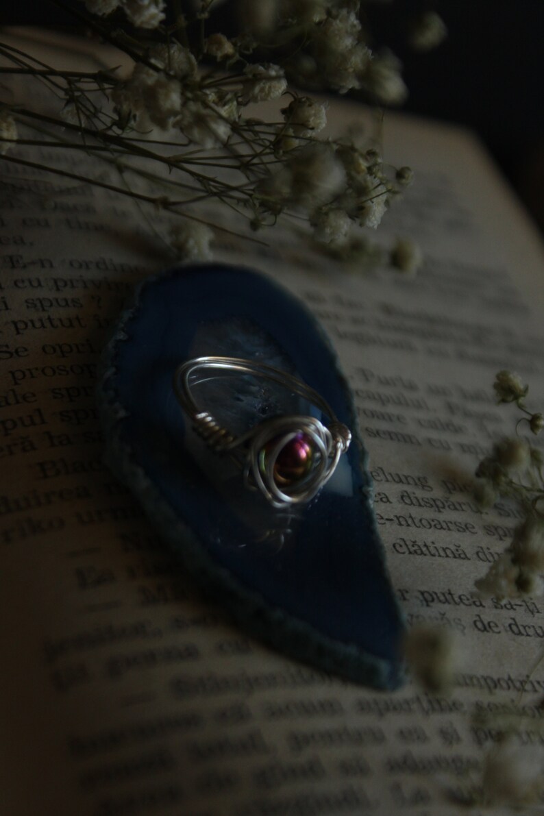 Hematite Ring Crystal Bead Handmade Wire Wrapped Silver Plated Color Changing Holographic Effect