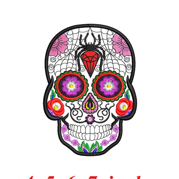 Sugar skull Calavera Applique embroidery design files Formats: pes, dst, vp3, jef, csd, exp, hus, sew, xxx. Sizes 4, 5, 6, 7 inch