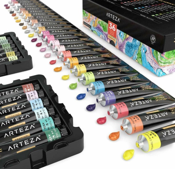 Arteza Acrylic Paint Set, 19-Piece Art Set, Includes 12 Acrylic Paints, 3 Brushe