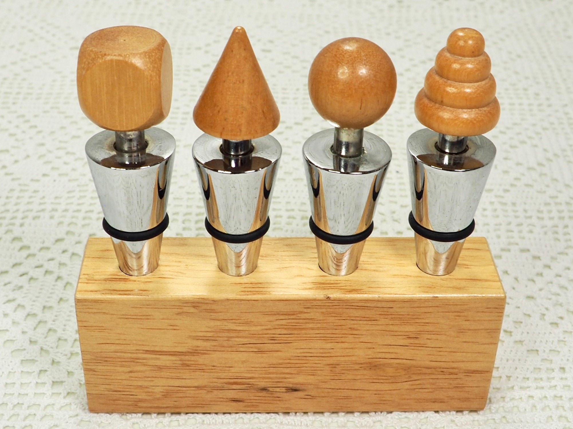 Set of 4 Wine Stoppers with Geometric Wood Shapes and Metal in Etsy