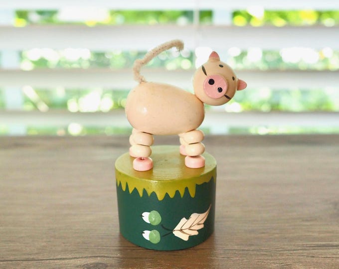 Vintage Wooden Push Puppet Toy – Pig with Painted Base – Retro Spring-Action Animal Figurine