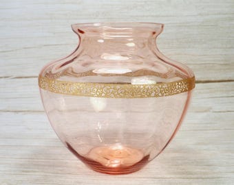 Vintage Pink Glass Vase with Gold Enamel Banding, Hand Blown Art Glass, Approx. 6.5”