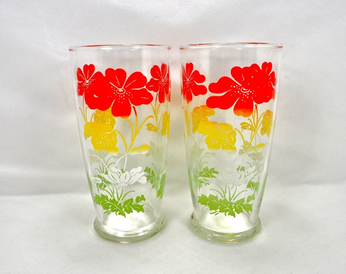 Vintage Tumblers Glassware Floral Pattern Red Yellow White Green set of