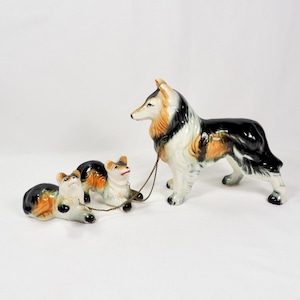 Vintage Collie Dog with Puppies Figurine Set on Chains Mid-Century Decor