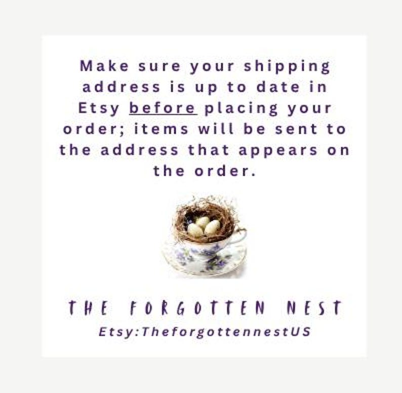 Puede incluir: Una taza y un platillo con un nido de huevos. La taza es blanca con un dise&ntilde;o floral. El texto de la imagen dice: "Aseg&uacute;rese de que su direcci&oacute;n de env&iacute;o est&eacute; actualizada en Etsy antes de realizar su pedido". The Forgotten Nest Etsy:TheforgottennestUS.