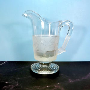 May include: A clear glass pitcher with a frosted band featuring a bird design. The pitcher has a curved spout, a handle, and sits on a round, ridged base. The background is a light blue.