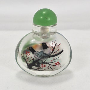 Glass Snuff Bottle Reverse Painting 2-Sided Birds and Ducks AS IS possibly missing a spoon attached to lid