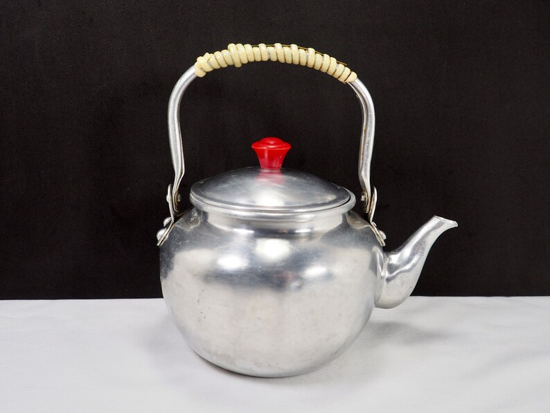 Vintage Aluminum Teapot With Wicker Wrapped Handle and Red Etsy