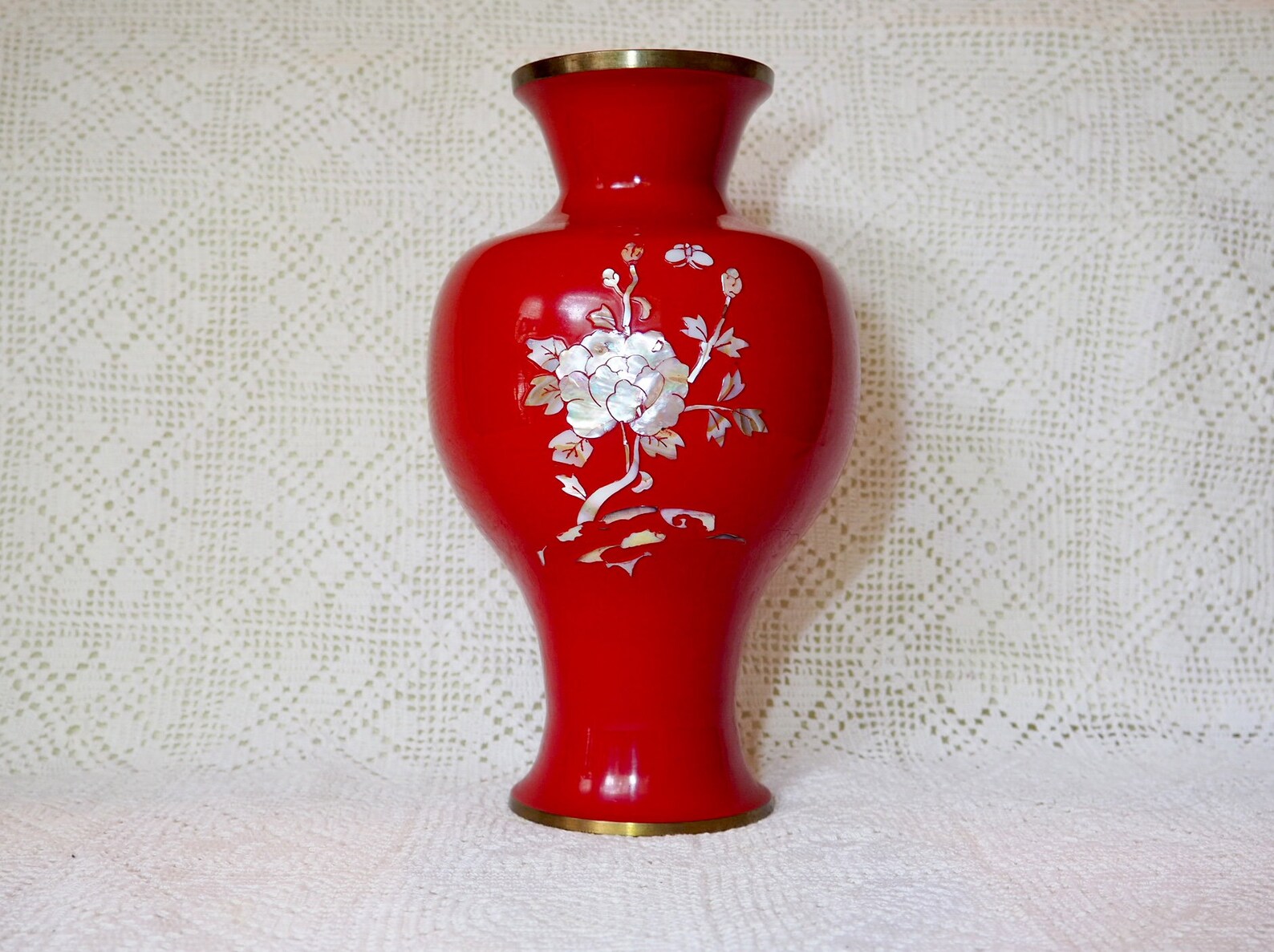 Red Enamel Vase with Mother of Pearl Inlay and Brass Made in Etsy
