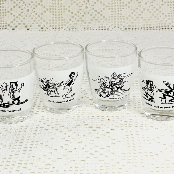 Anchor Hocking Shot Glasses Novelty Barware, Drinks are on the House,  Here’s Looking at You, Here’s Mud in Your Eye, Down the Hatch