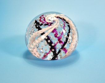 Art Glass Paperweight Round Orb Controlled Bubbles Desk Decor Black White Purple Swirls