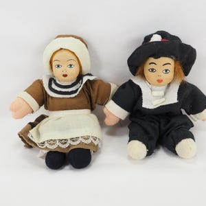 Vintage Pilgrim Dolls Ceramic-Head Pair – Thanksgiving Decor, Handmade Collectible Boy and Girl