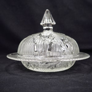 Jeannette Glass Iris and Herringbone Glass Round Covered Butter Clear Depression Era Glass