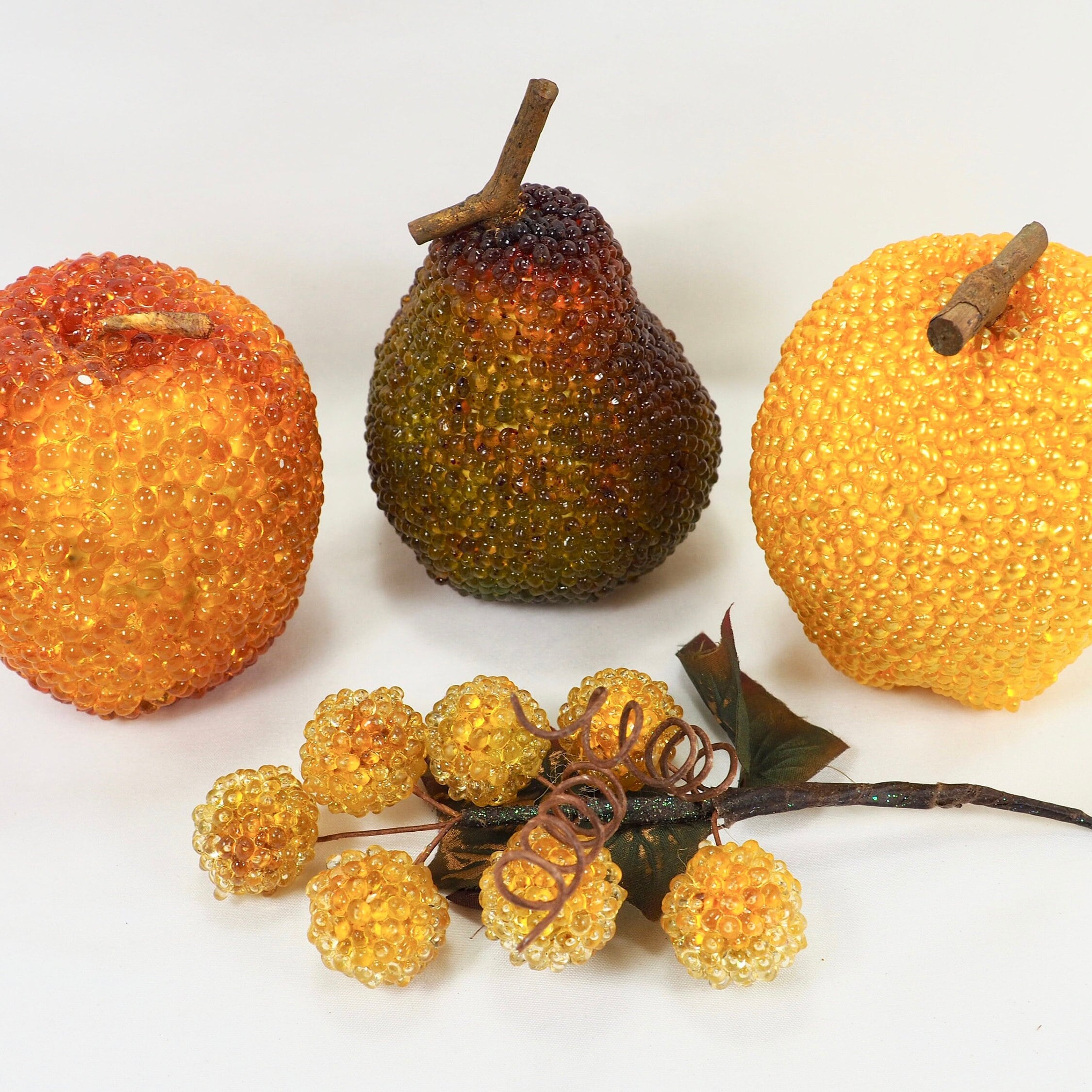 MID CENTURY faux fruit, 9 vintage Beaded Sugared fake fruit, kitsch