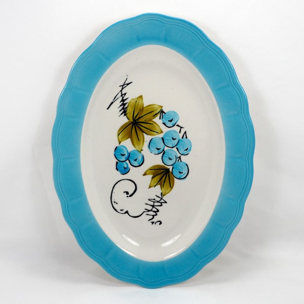 Corona Ironstone Ware Oval Plate Blue Rim with Hand Painted Grapes 10.5” Wide