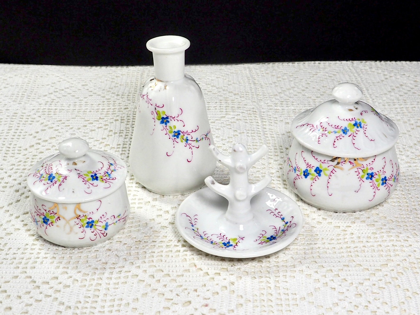 Vintage Vanity Set with Blue and Pink Floral Design on White Etsy