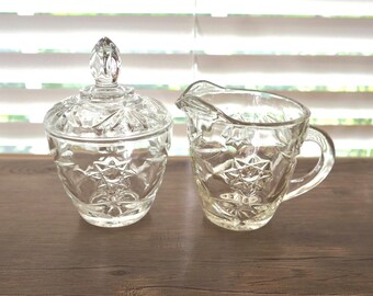 Anchor Hocking Creamer and Sugar Set: Prescut Star of David Clear Glass