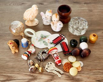 Vintage Smalls Lot: Collectible Buttons, Bells, Kewpies & More