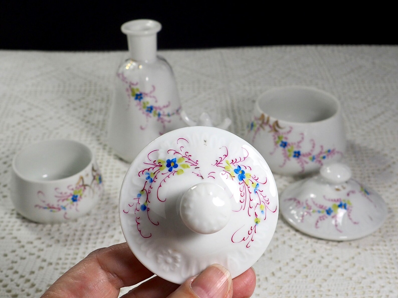 Vintage Vanity Set with Blue and Pink Floral Design on White Etsy