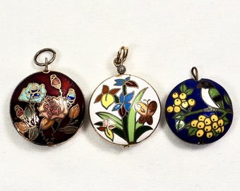 Choice of Vintage Cloisonné Pendant – Round Enamel Necklace Charm Red White or Blue
